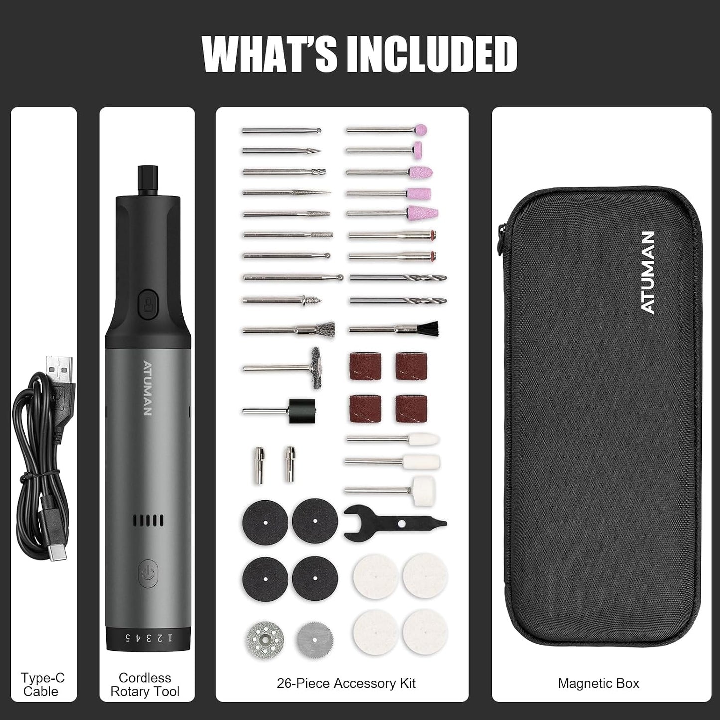 Cordless Rotary Tool Kit, 7.2V with Higher Torque, More Powerful, 5 Speeds 10000 to 28000 RPM, with 42 Accessories, Multi Purposes, Sanding, Polishing, Drilling, Etching, Engraving, DIY Crafts