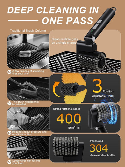 Electric Grill Brush, Cordless Automatic BBQ Cleaner with 3-Speed Control, Rechargeable Grill Cleaning Brush with Stainless Steel Heads & Scouring Pad, BBQ Accessories Gift for Men