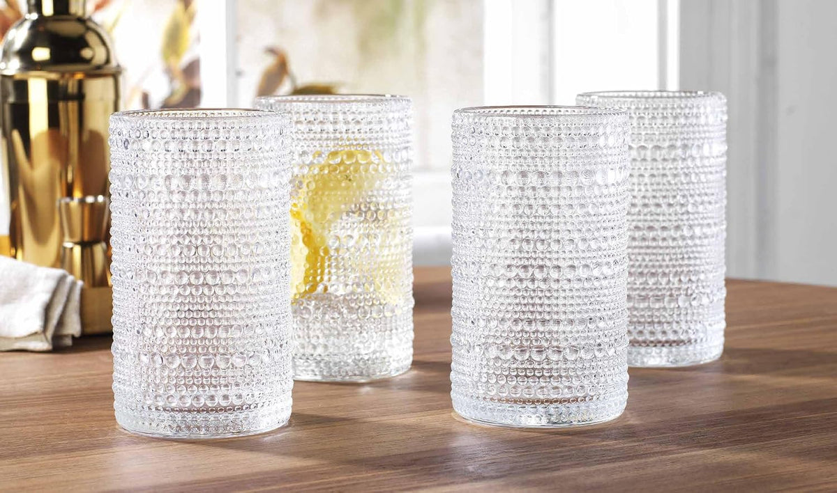 Hobnail Drinking Glasses, Set of 4 Clear Vintage Beaded Glass Cups, 15 Oz. Cocktail Drinking Glassware Set, for Water Juice, Smoothies. Home, Dinner, Bar Uses.