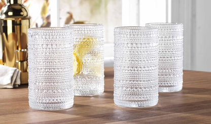 Hobnail Drinking Glasses, Set of 4 Clear Vintage Beaded Glass Cups, 15 Oz. Cocktail Drinking Glassware Set, for Water Juice, Smoothies. Home, Dinner, Bar Uses.