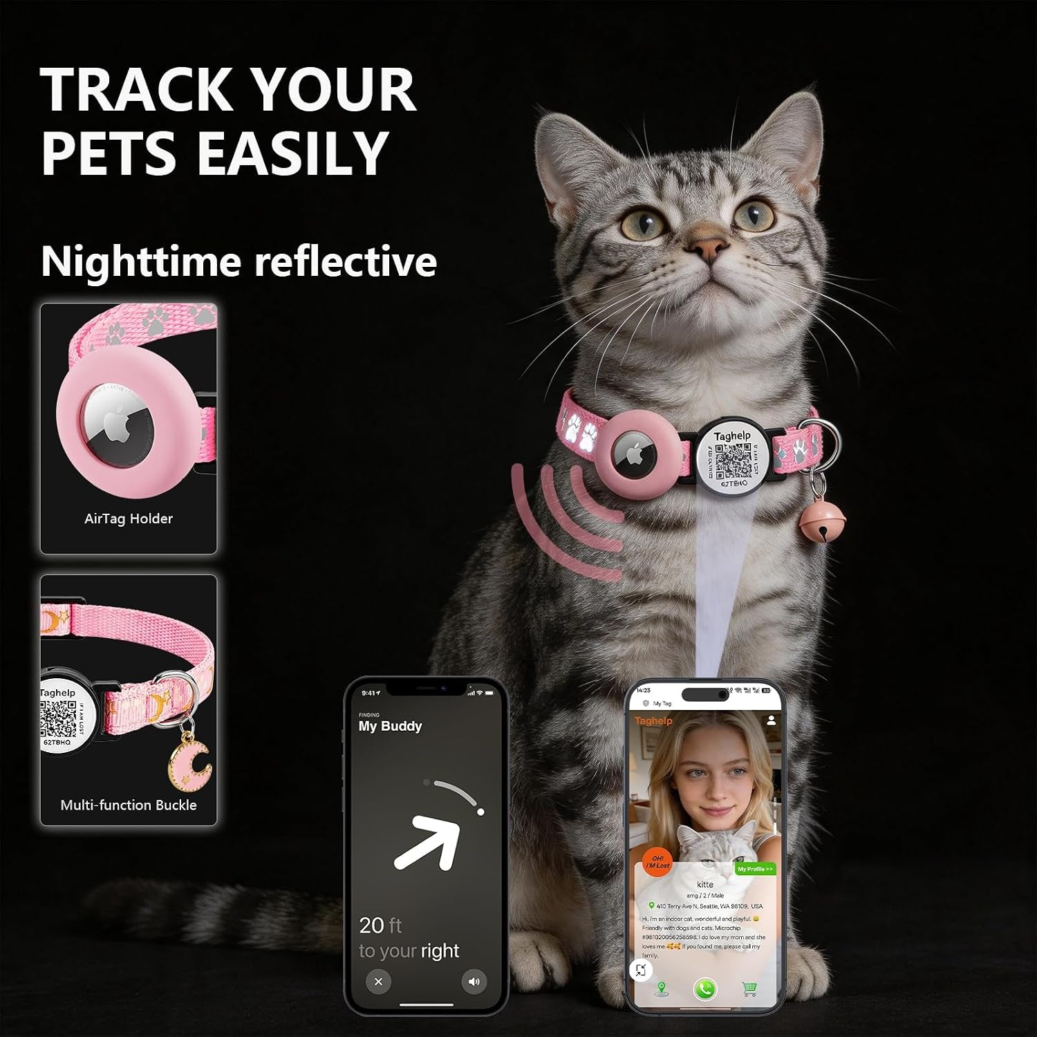 2 Pack Airtag Cat Collar, Breakaway Cat Airtag with Smart ID Tag & QR Code Reflective (Star Moon & Paw Pattern - Pink, with Integrated Airtag Holder)