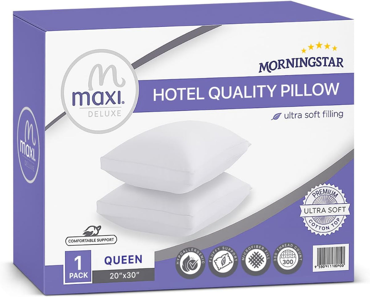 Deluxe Queen Size Bed Pillow – Ultra Soft & Comfortable – Versatile for Side, Back & Stomach Sleepers – 300TC Cotton Top – Single Pack – (Queen Size Pillow Is 20 X 30)