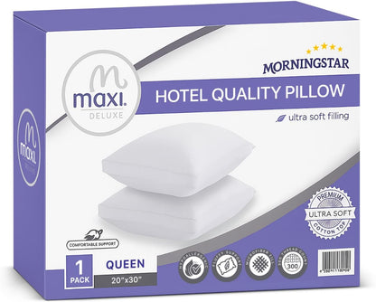 Deluxe Queen Size Bed Pillow – Ultra Soft & Comfortable – Versatile for Side, Back & Stomach Sleepers – 300TC Cotton Top – Single Pack – (Queen Size Pillow Is 20 X 30)