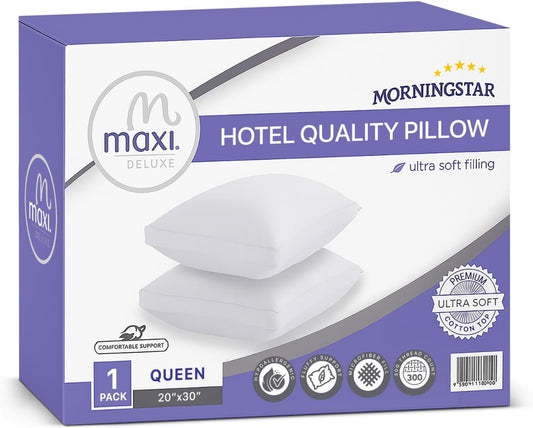 Deluxe Queen Size Bed Pillow – Ultra Soft & Comfortable – Versatile for Side, Back & Stomach Sleepers – 300TC Cotton Top – Single Pack – (Queen Size Pillow Is 20 X 30)