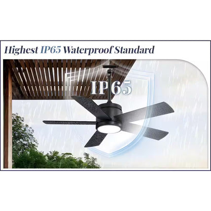 42 In. Outdoor Downrod Black Ceiling Fan with LED Lights, IP65 Waterproof Fandelier Fan with Remote Control 6-Speeds