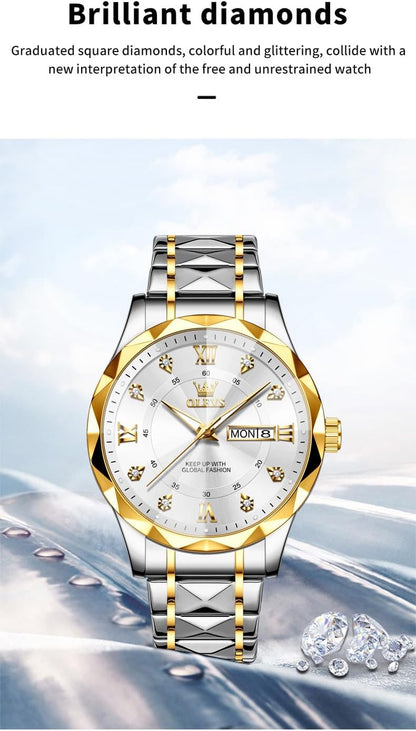 Watches for Men Luxury Diamond Casual Large Dial Watches Stainless Steel Waterproof Business Dress Analog Luminous Date Mens Watches