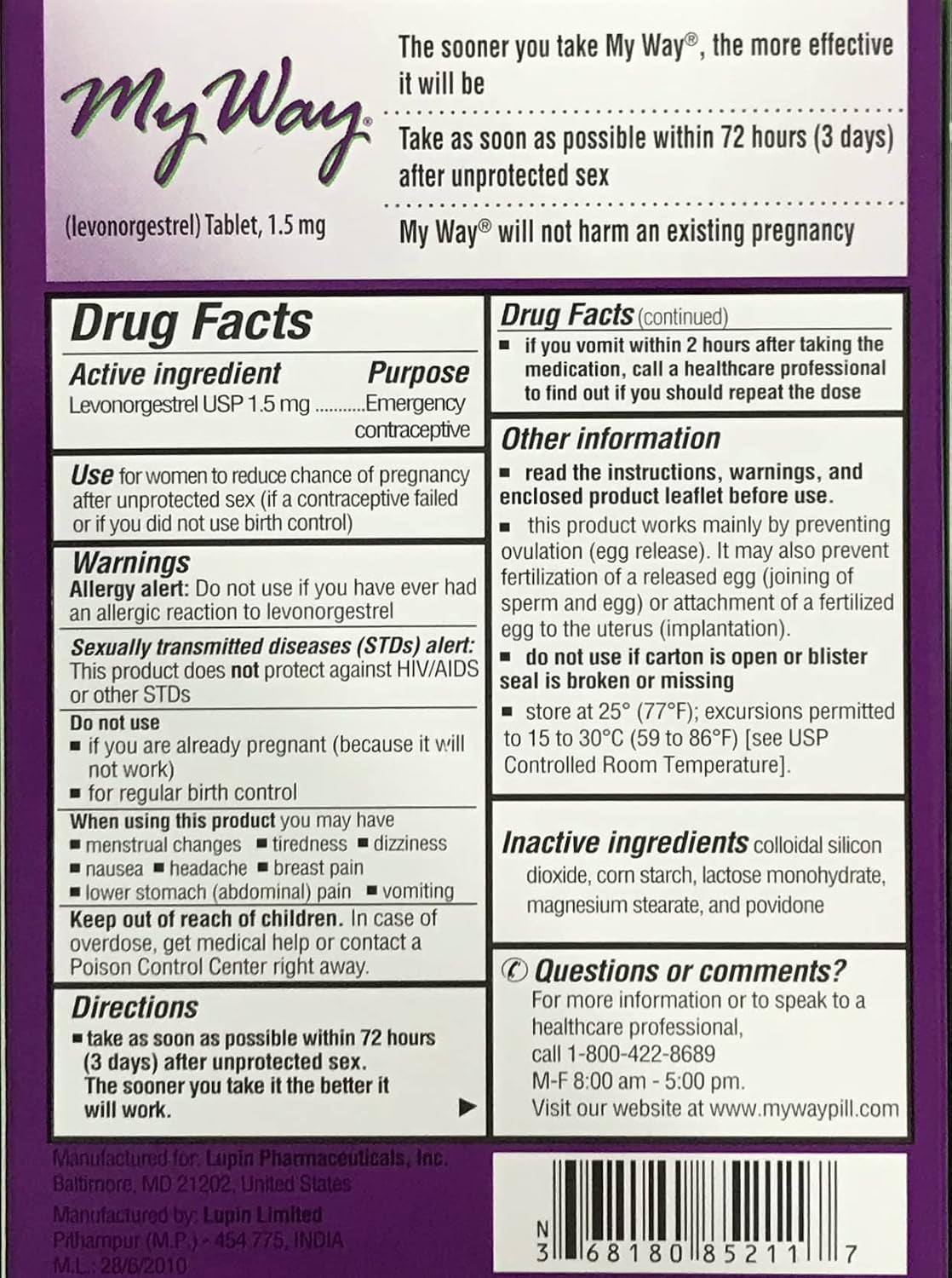 My Way Emergency Contraceptive 1 Tablet Each (6)