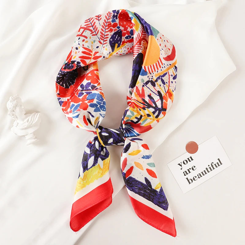 Luxury Brand 2022 Silk Square Scarf Women Cat Neck Hair Tie Band Beach Hijab Kerchief Head Headbands Bandana Female Foulard 70Cm