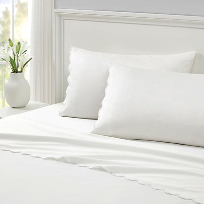 Full Size Sheet Set, 4 Piece Bed Sheets, Breathable Soft 300 TC 100% Cotton with Embroidered Scalloped Edge, 1 Flat Sheet, 1 Fitted, 2 Pillowcases, Full, White with White Scallop