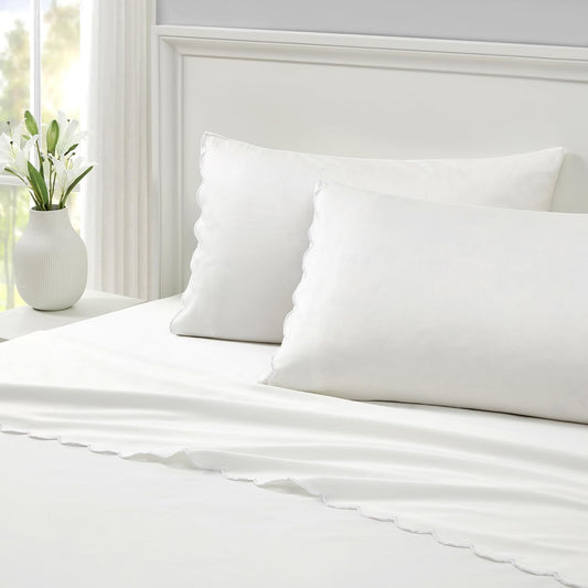 Full Size Sheet Set, 4 Piece Bed Sheets, Breathable Soft 300 TC 100% Cotton with Embroidered Scalloped Edge, 1 Flat Sheet, 1 Fitted, 2 Pillowcases, Full, White with White Scallop