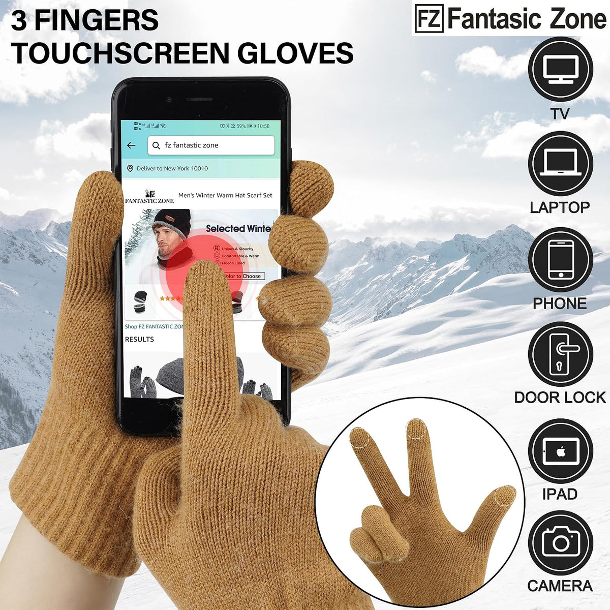 Mens Winter Warm Beanie Hats and Scarf Touchscreen Gloves