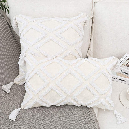 Boho White Throw Pillow Cover 18X18 Inch with Tassels, Moroccan Tufted Decorative Cream Chenille Fabric Accent Textured Cushion Case for Bed Couch, 1 PC Cover Only No Insert