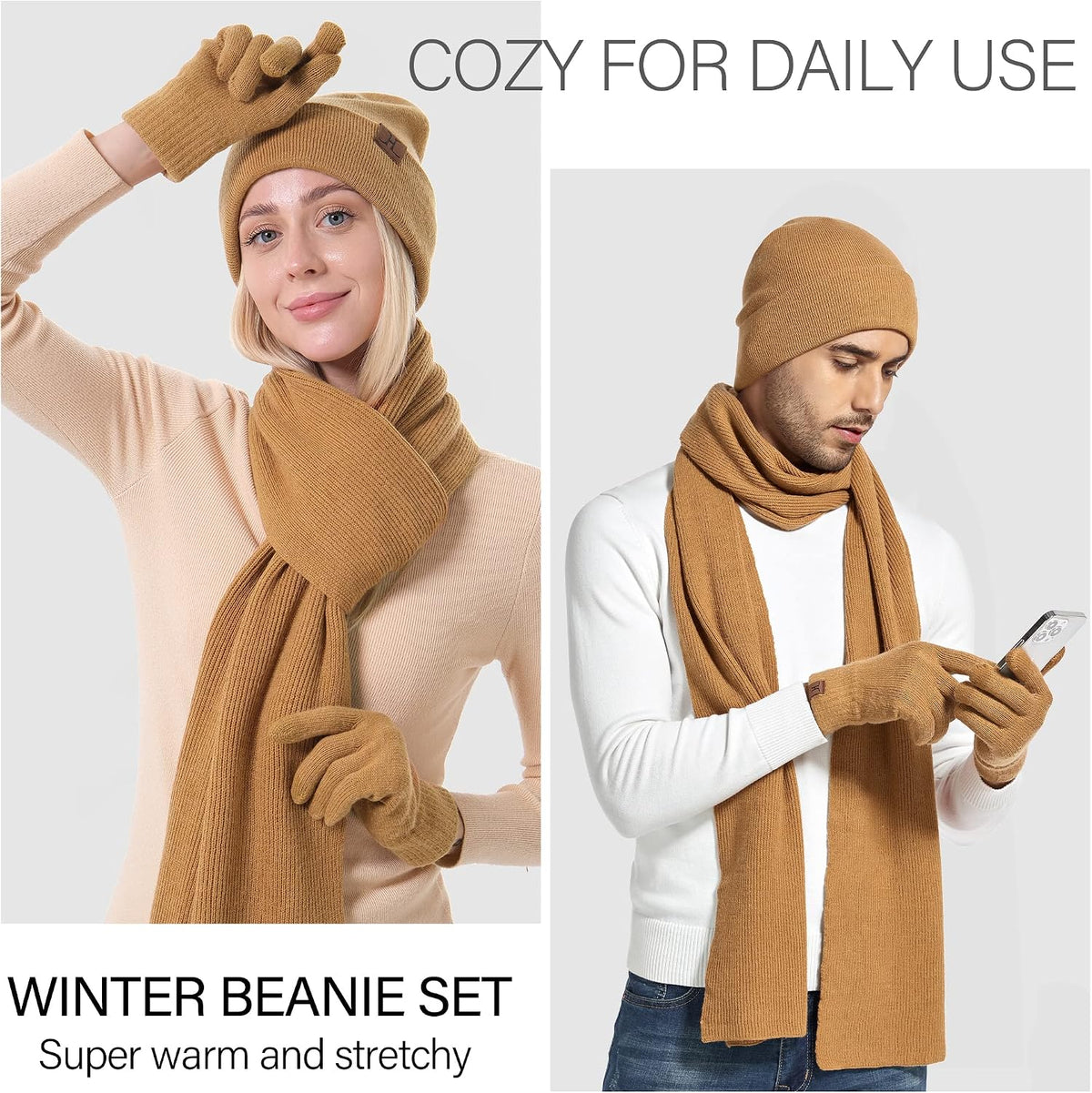 Mens Winter Warm Beanie Hats and Scarf Touchscreen Gloves