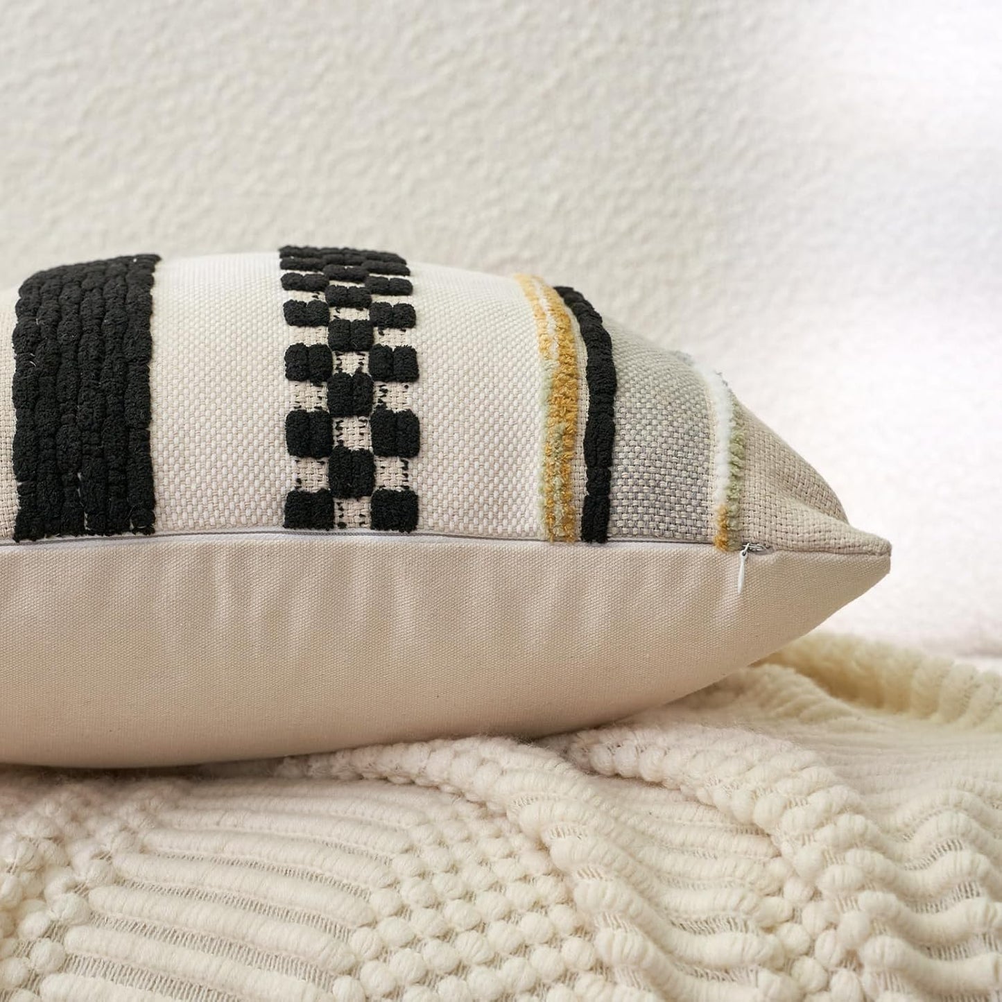 Boho Throw Pillow Covers 18X18 Inch Set of 2, Farmhouse Decorative Striped Square Pillow Covers Chenille Tufted Pillow Cases Accent Neutral Pillowcase for Living Room Couch Bed, Black