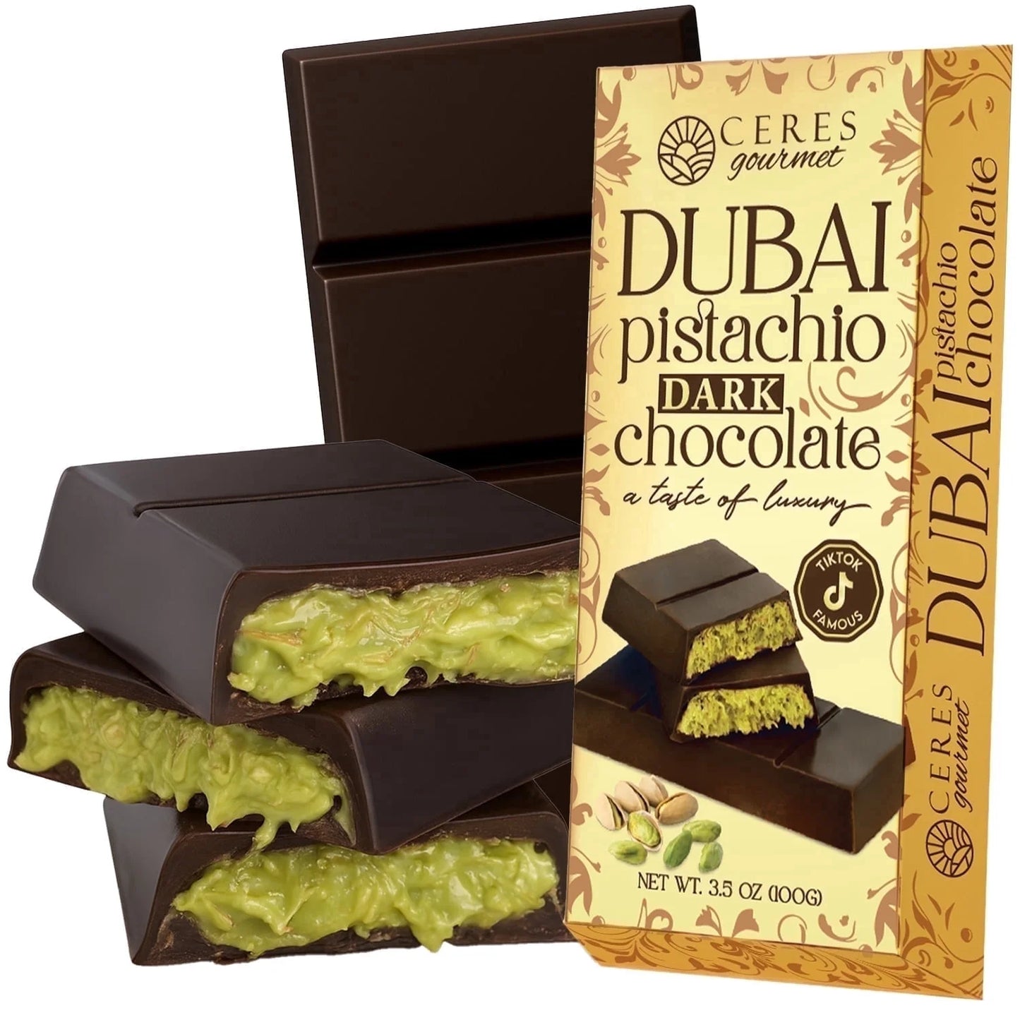 Dubai Pistachio Kunafa Bars, Indulgent Dark Chocolate, 3.5 Oz