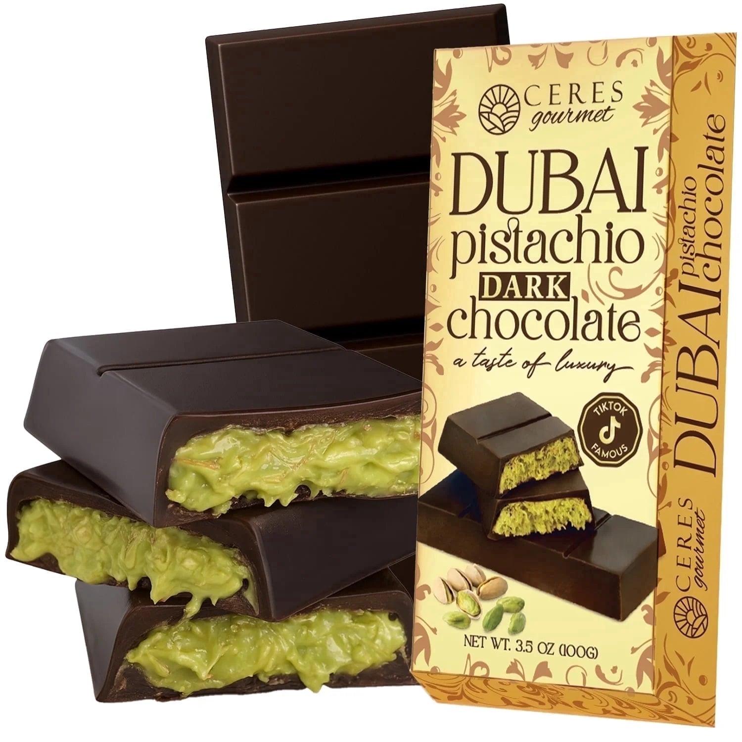 Dubai Pistachio Kunafa Bars, Indulgent Dark Chocolate, 3.5 Oz