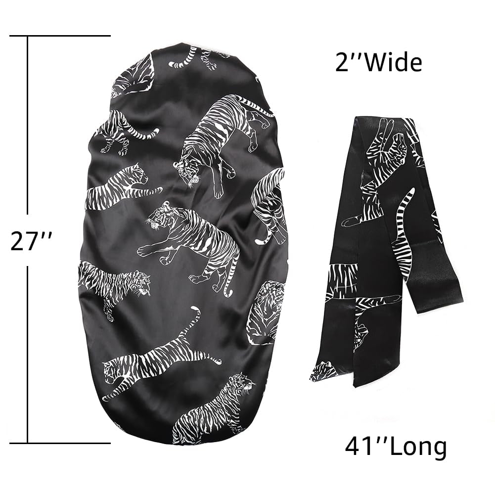 Extra Long Black Satin Bonnet for Women Silver Tiger, Adjustable Elastic Sleep Cap for Long Braids Locs Natural Hair, Frizz-Free Nighttime Hair Protector
