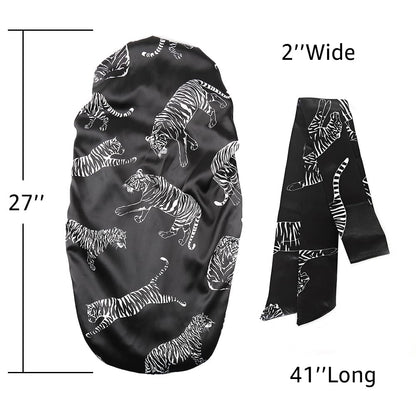 Extra Long Black Satin Bonnet for Women Silver Tiger, Adjustable Elastic Sleep Cap for Long Braids Locs Natural Hair, Frizz-Free Nighttime Hair Protector