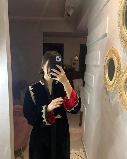 Moroccan Handbeaded Modest Dress, Black Embroidered Caftan, Dubai Abaya, Muslim Evening Gown