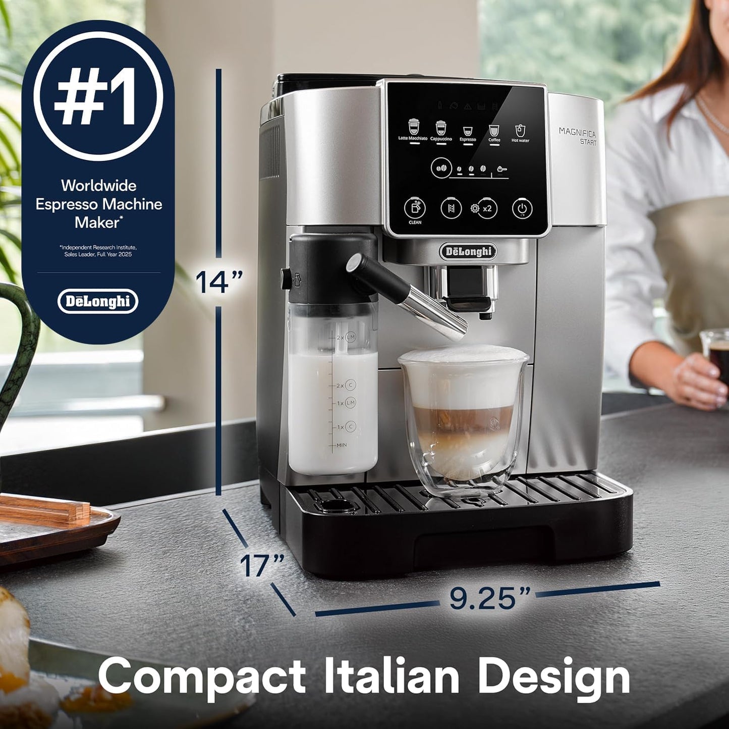 De'Longhi Magnifica Start Automatic Espresso Machine, Milk Frother, Silver | #1 Worldwide Espresso Machine Maker, Hot/Iced, Built-In Grinder, 13 Grind Settings, 5 One Touch Recipes