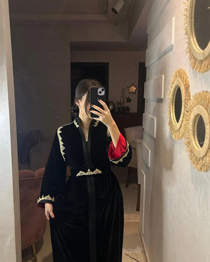 Moroccan Handbeaded Modest Dress, Black Embroidered Caftan, Dubai Abaya, Muslim Evening Gown
