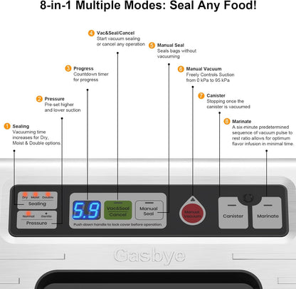 95Kpa Precision Vacuum Sealer Machine, Double Heat Seal for Dry/Moist Food, Easy-Lock Handle, Built-In Bag Storage & Cutter, Progress Display, Pulse Mode, Removable Drip Tray, Silver