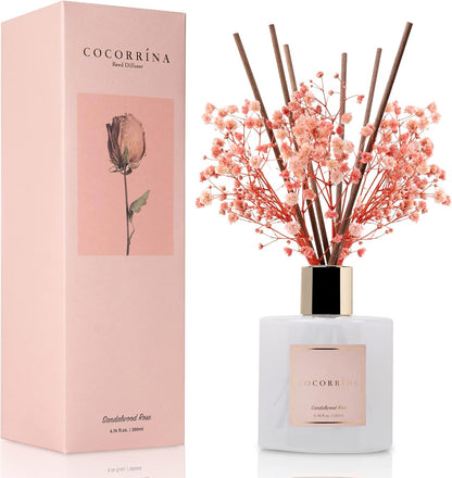 Premium Reed Diffuser Set with Preserved Baby'S Breath & Cotton Stick Sandalwood Rose | 6.7Oz Scent Fragrance Oil Diffuser for Bedroom Bathroom Home Décor