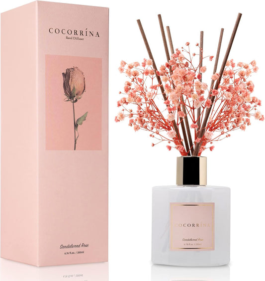 Premium Reed Diffuser Set with Preserved Baby'S Breath & Cotton Stick Sandalwood Rose | 6.7Oz Scent Fragrance Oil Diffuser for Bedroom Bathroom Home Décor