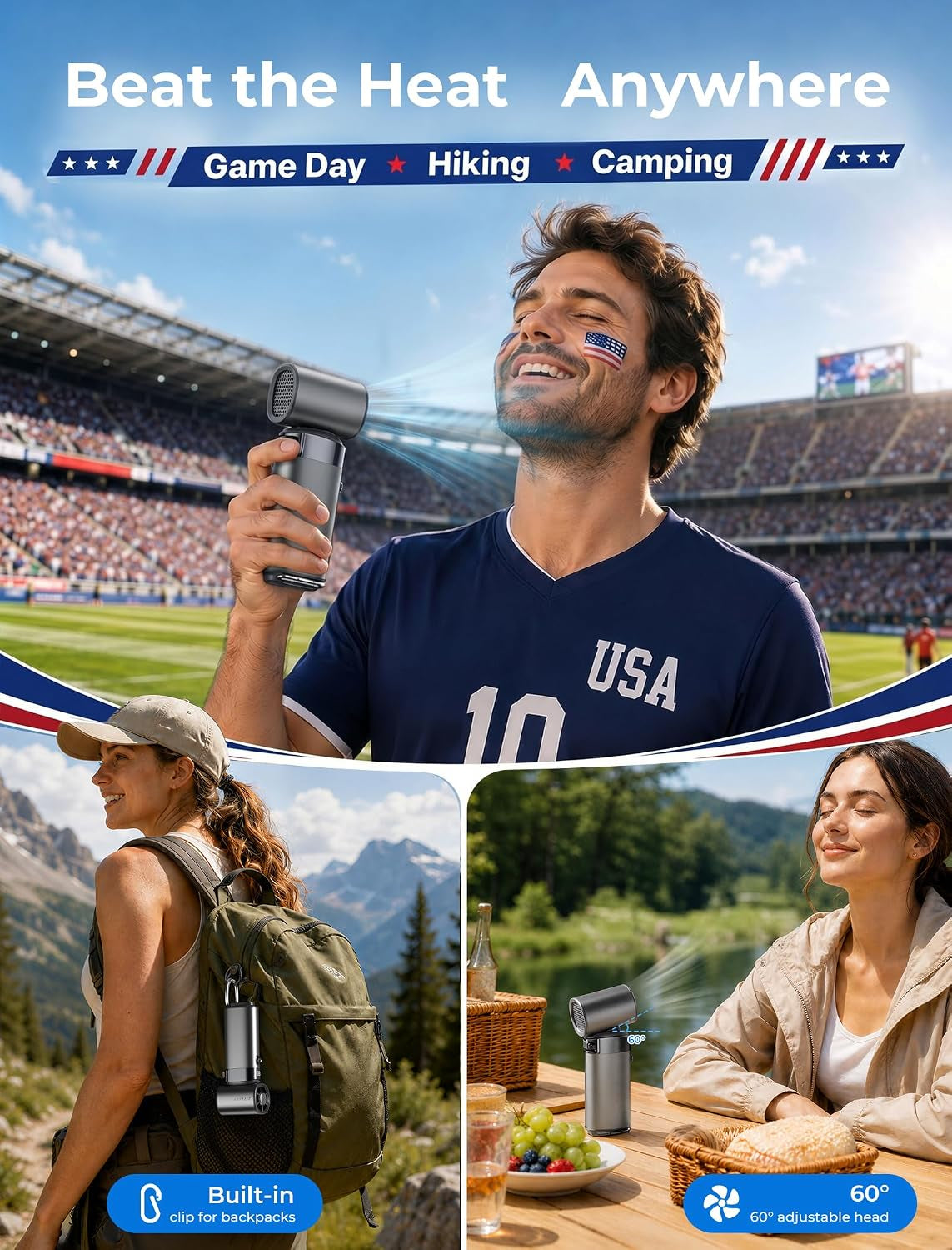 Portable Handheld Fan, Ice Cooling, 22.5W 10000Mah Power Bank | Contact Cooling Pad. 16500 RPM Turbo. Built-In Type-C Cable. 35H Runtime. Metal Shell. Stadium & Soccer Game Essentials.