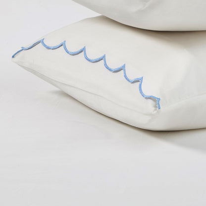 Full Size Sheet Set, 4 Piece Bed Sheets, Breathable Soft 300 TC 100% Cotton with Embroidered Scalloped Edge, 1 Flat Sheet, 1 Fitted, 2 Pillowcases, Full, White with Blue Scallop | Breathable Soft 300 TC, Embroidered Scalloped Edge, Flat, Fitted, Pillowcases