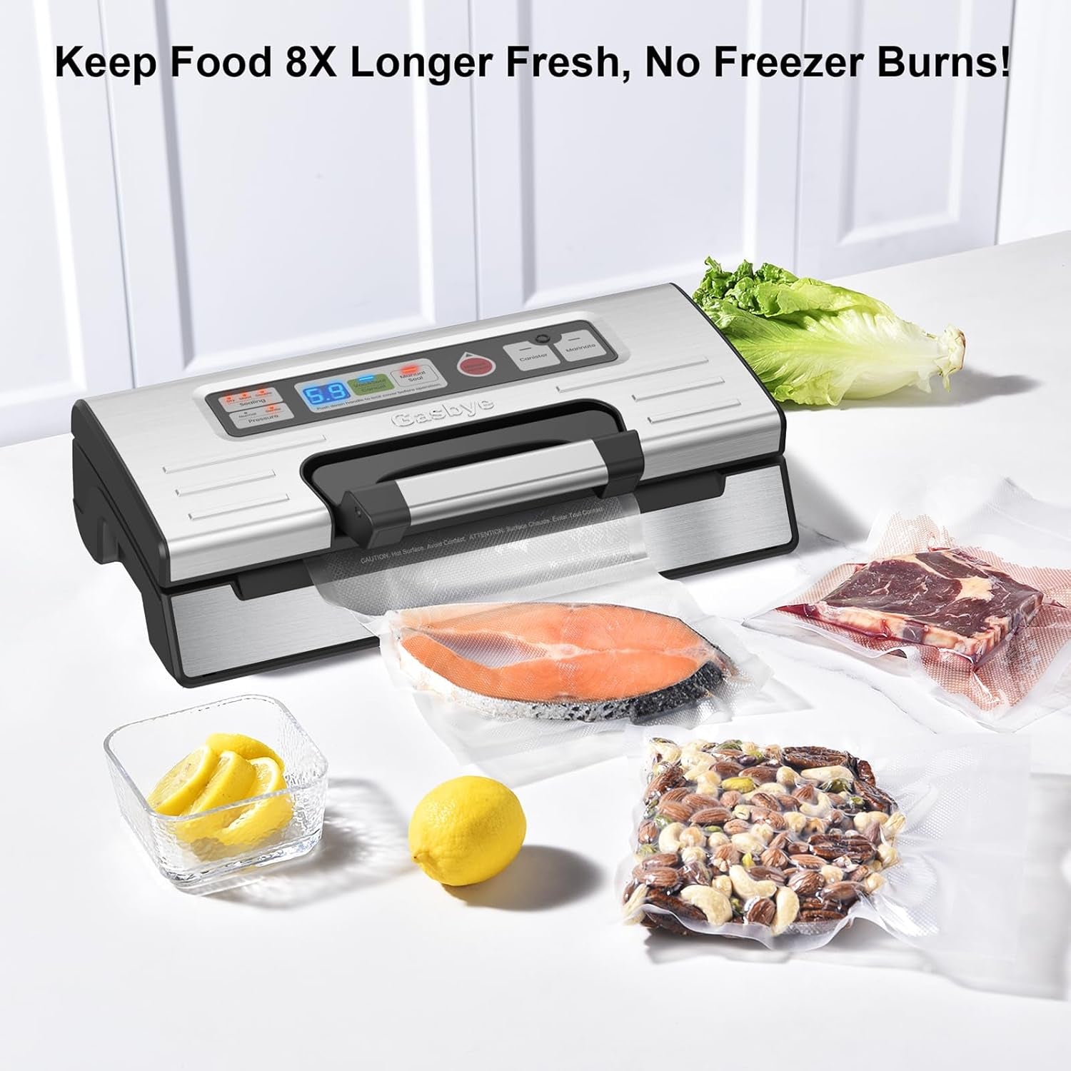 95Kpa Precision Vacuum Sealer Machine, Double Heat Seal for Dry/Moist Food, Easy-Lock Handle, Built-In Bag Storage & Cutter, Progress Display, Pulse Mode, Removable Drip Tray, Silver
