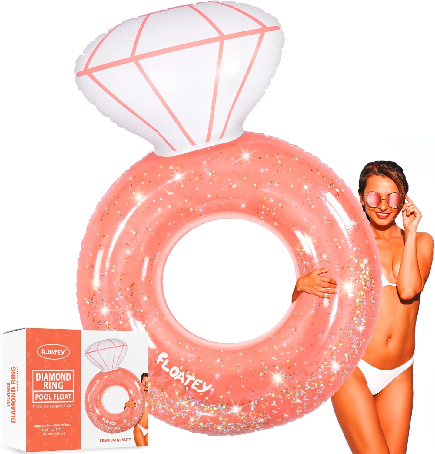 Bachelorette Party Decorations - Xtralarge Diamond Ring Pool Float | Shiny Glitter Conffetti inside | Bachelorette Pool Floats for Bride, Ring Floatie Bachelorette Party Accessories, Rose Gold