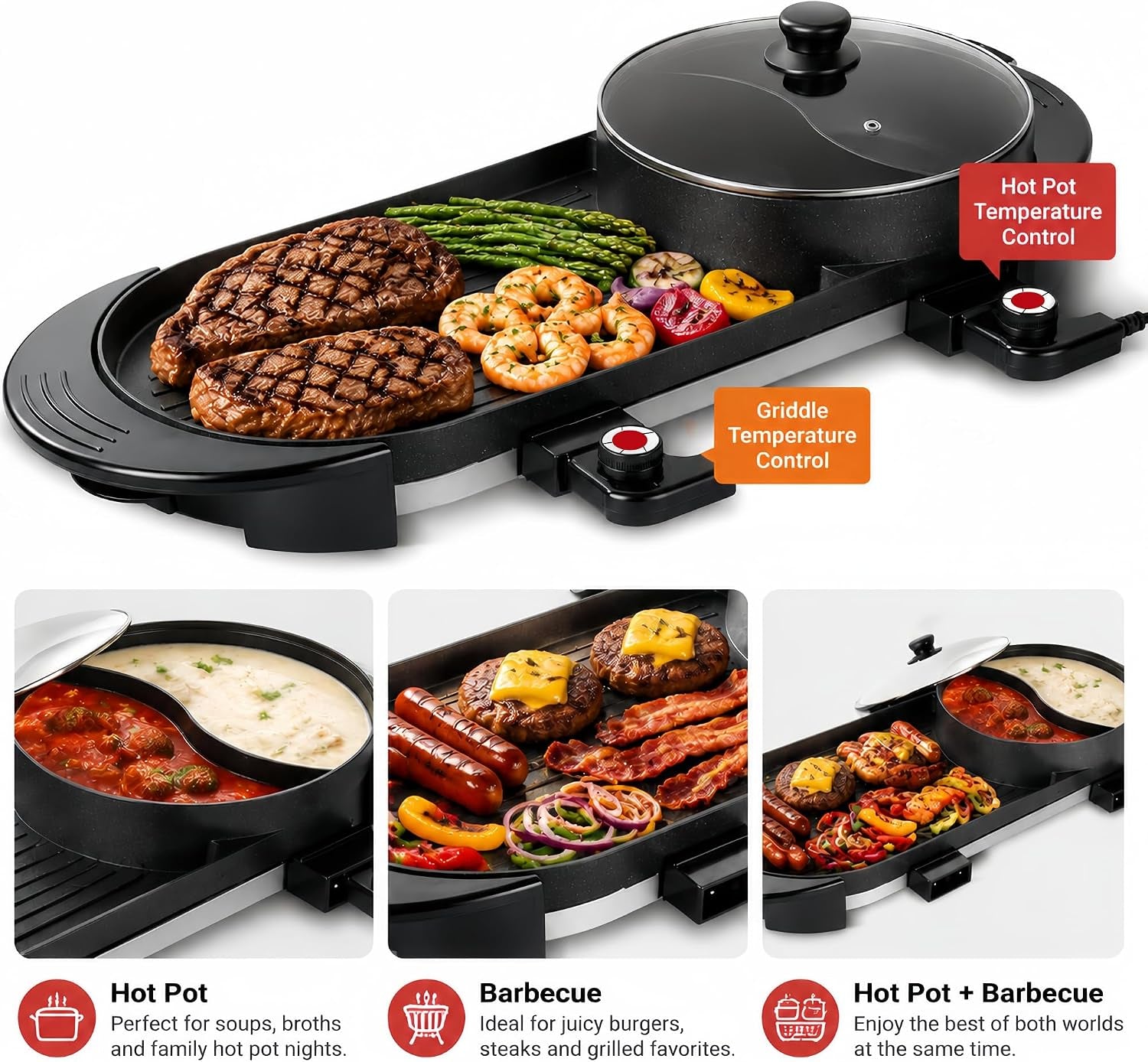 Hot Pot with Grill, Korean BBQ Grill Indoor Hotpot Pot Electric Combo, Shabu Shabu Pot with Divider KBBQ Grill Smokeless Non-Stick Separate Dual Temperature Control, for 2-12 People, 110V