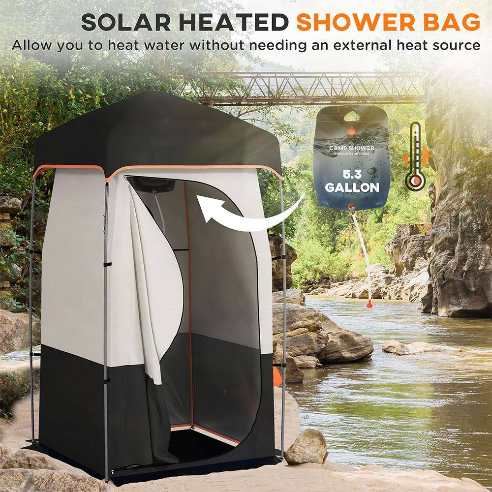 1-Person Portable Shower Tent, Camping Dressing Changing Tent Room with Solar Shower Bag, Floor and Carrying Bag, Black
