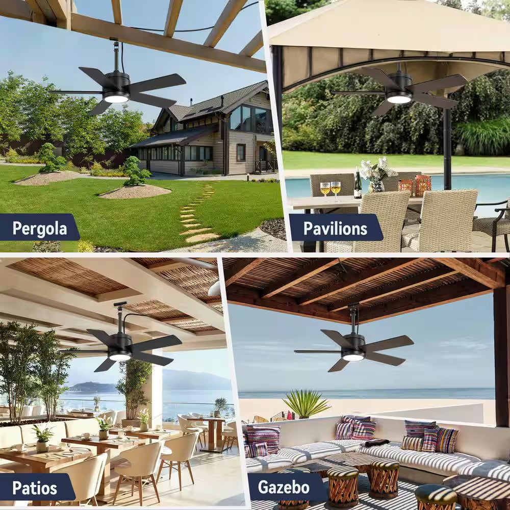 42 In. Outdoor Downrod Black Ceiling Fan with LED Lights, IP65 Waterproof Fandelier Fan with Remote Control 6-Speeds