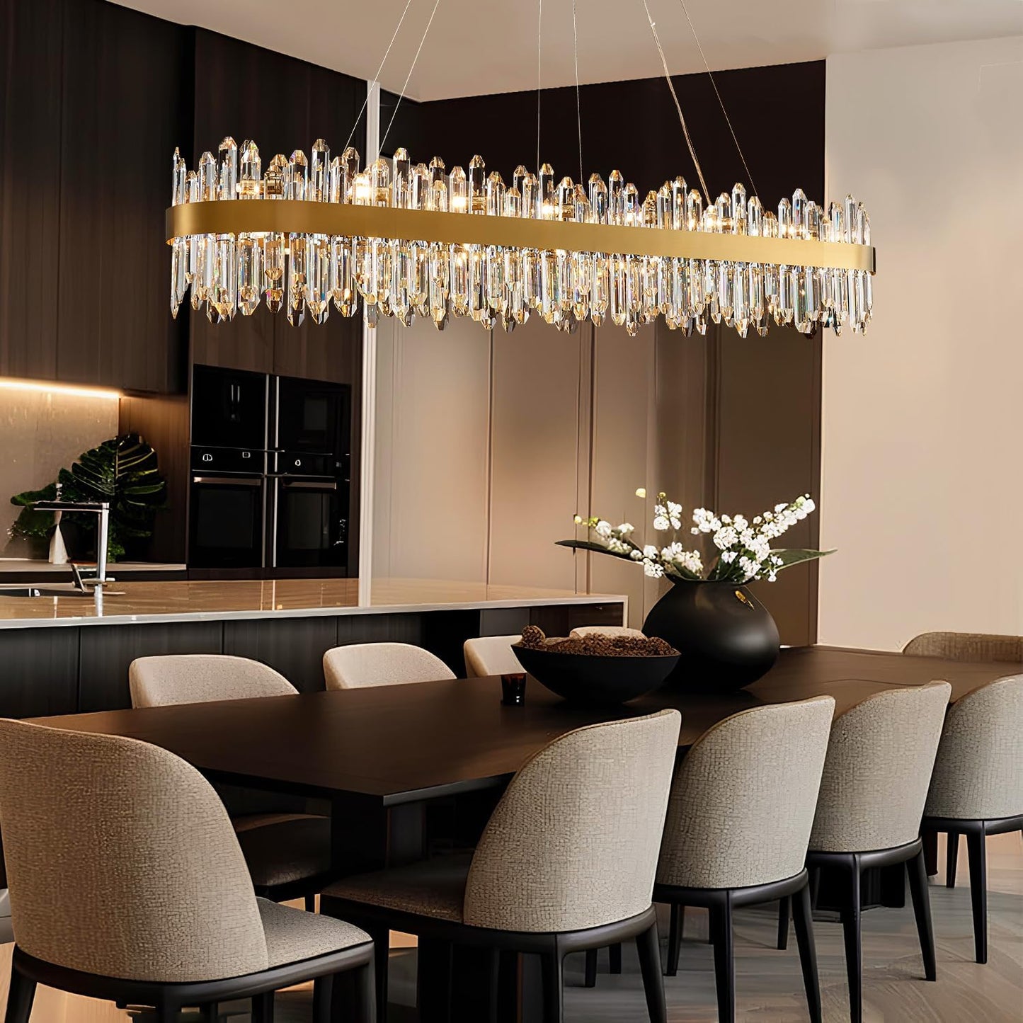 Modern Crystal Chandelier, L57'' Rectangle Gold Raindrop Chandelier Luxury Oval Pendant Ceiling Light Fixture for Living Room Dining Room Kitchen Island, G9 X 32 Lights