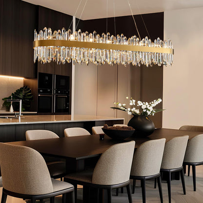 Modern Crystal Chandelier, L57'' Rectangle Gold Raindrop Chandelier Luxury Oval Pendant Ceiling Light Fixture for Living Room Dining Room Kitchen Island, G9 X 32 Lights