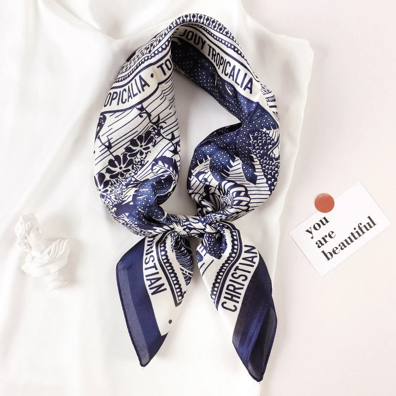 Luxury Brand 2022 Silk Square Scarf Women Cat Neck Hair Tie Band Beach Hijab Kerchief Head Headbands Bandana Female Foulard 70Cm