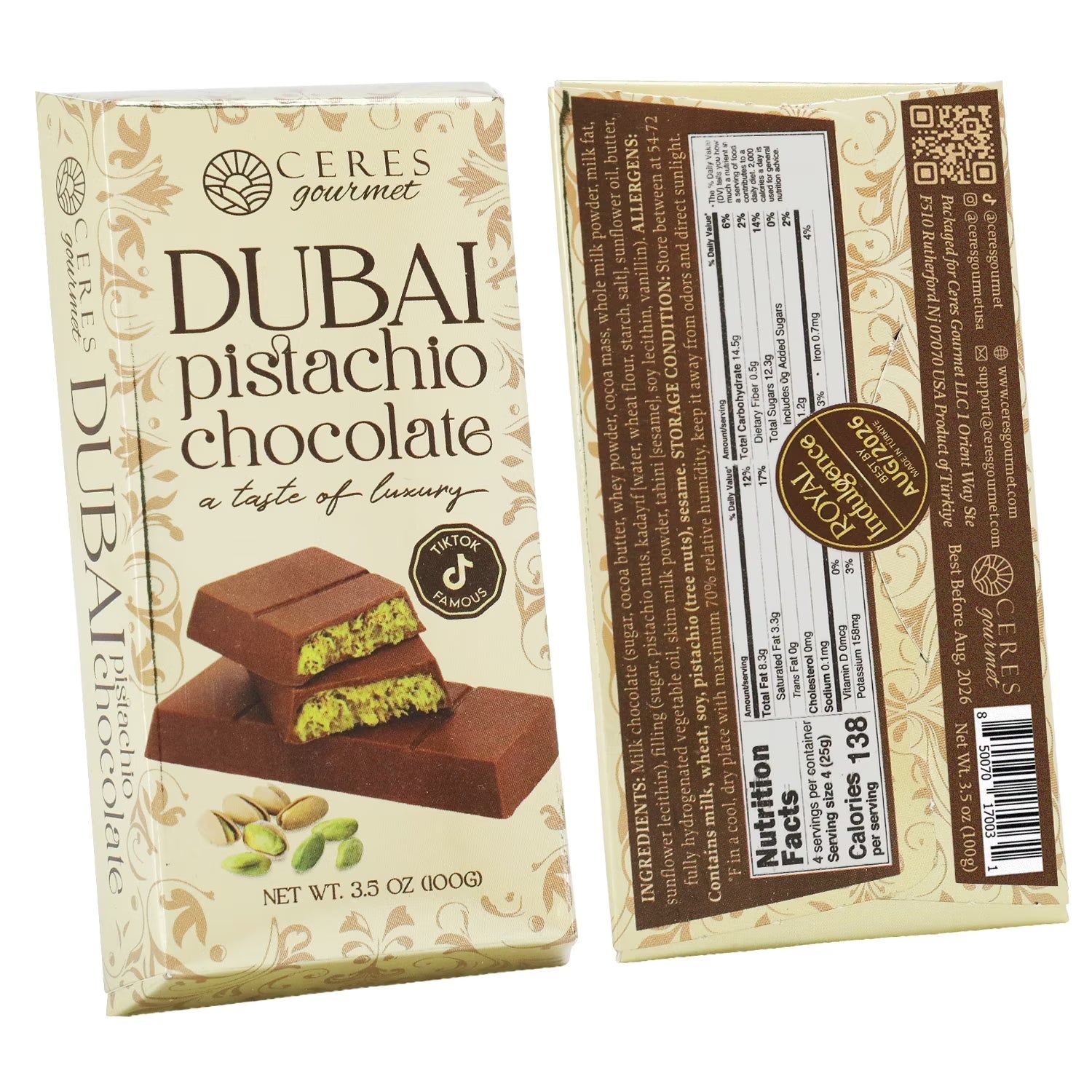Dubai Chocolate Bar Pistachio with White Chocolate Kunafa 3.5 Oz