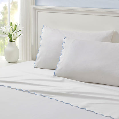 Full Size Sheet Set, 4 Piece Bed Sheets, Breathable Soft 300 TC 100% Cotton with Embroidered Scalloped Edge, 1 Flat Sheet, 1 Fitted, 2 Pillowcases, Full, White with Blue Scallop | Breathable Soft 300 TC, Embroidered Scalloped Edge, Flat, Fitted, Pillowcases