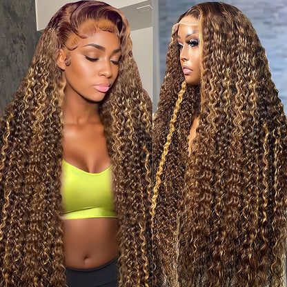 30 Inch Highlight Ombre Lace Front Wig Human Hair 200% Density 13X6 Honey Blonde 4/27 Deep Wave Glueless Pre Plucked HD Lace Frontal Wigs for Women