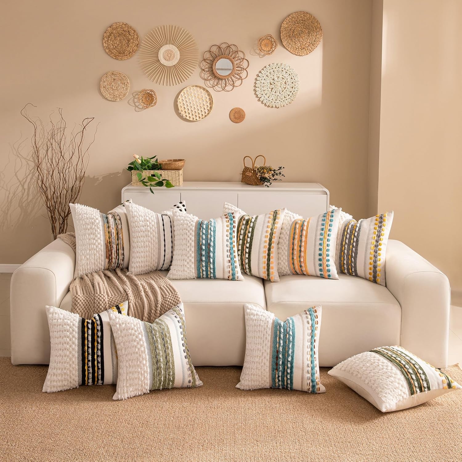 Boho Chenille Tufted Couch Throw Pillow Covers 18X18 Inch Set of 2 Farmhouse Striped Decorative Pillow Covers Accent Neutral Pillowcase Teal Cushion Cover for Living Room Sofa Bed