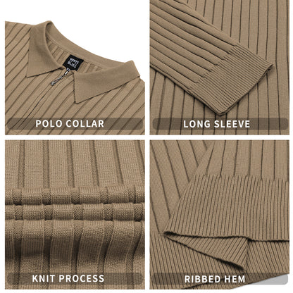 Polo Shirts for Men Casual Long Sleeve Mens Shirts Zipper Ribbed Knit Shirt