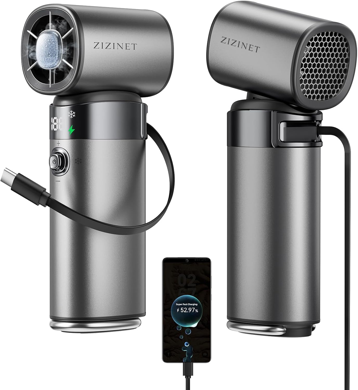 Portable Handheld Fan, Ice Cooling, 22.5W 10000Mah Power Bank | Contact Cooling Pad. 16500 RPM Turbo. Built-In Type-C Cable. 35H Runtime. Metal Shell. Stadium & Soccer Game Essentials.