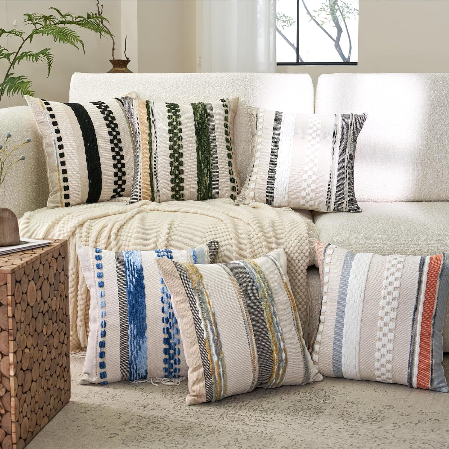 Boho Throw Pillow Covers 18X18 Inch Set of 2, Farmhouse Decorative Striped Square Pillow Covers Chenille Tufted Pillow Cases Accent Neutral Pillowcase for Living Room Couch Bed, Sky Blue