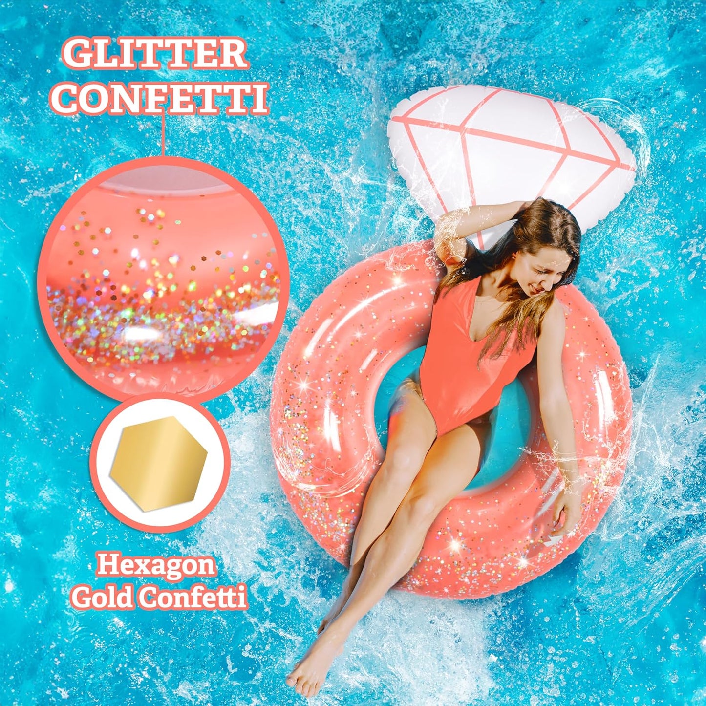 Bachelorette Party Decorations - Xtralarge Diamond Ring Pool Float | Shiny Glitter Conffetti inside | Bachelorette Pool Floats for Bride, Ring Floatie Bachelorette Party Accessories, Rose Gold