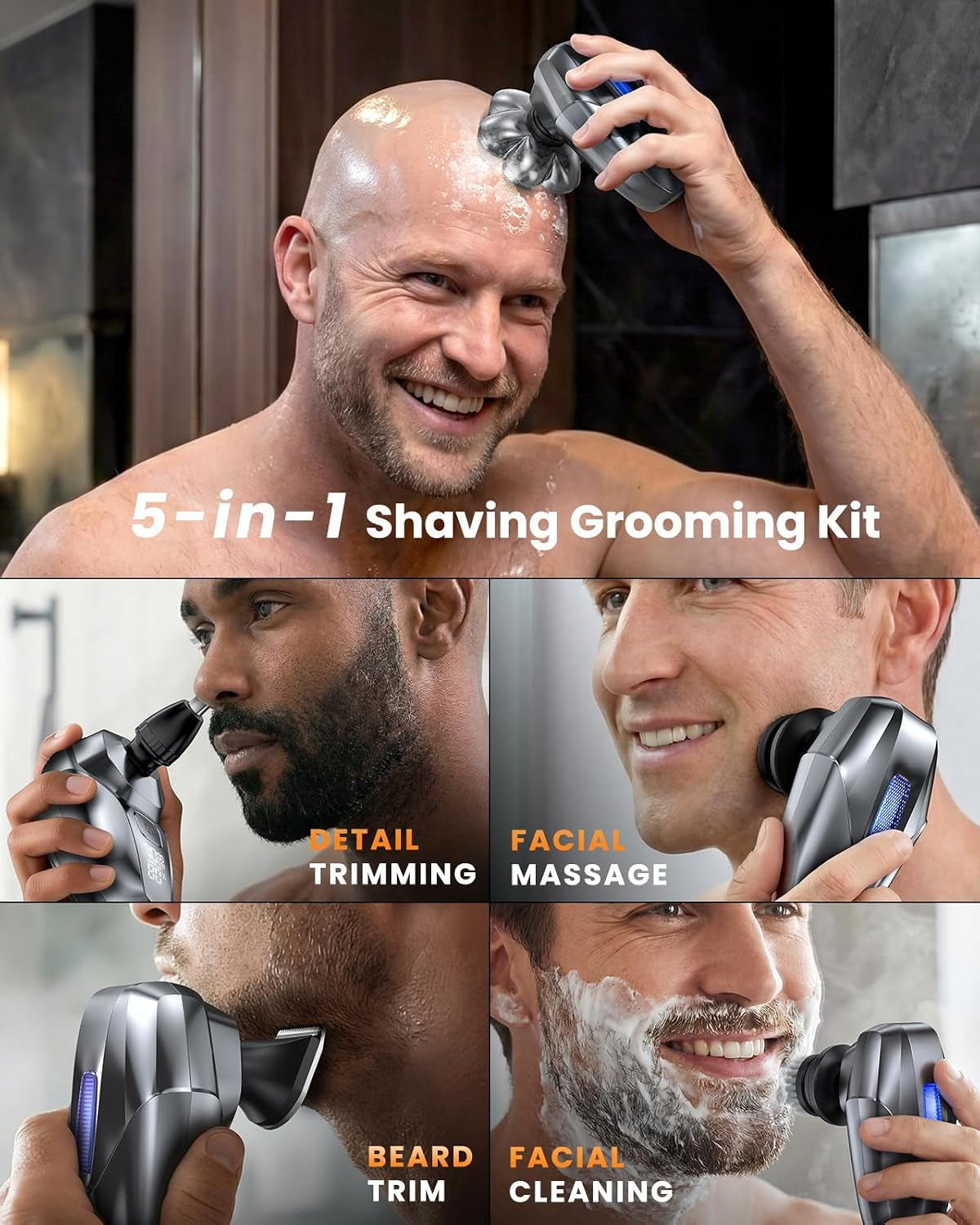 Head Shavers for Bald Men, 5-In-1 Electric Shaver Grooming Kit, 7D Floating IPX7 Waterproof Rechargeable Wet/Dry Razor for Skull Bald Head, Body Hair, with Massager, Gray