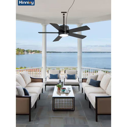 42 In. Outdoor Downrod Black Ceiling Fan with LED Lights, IP65 Waterproof Fandelier Fan with Remote Control 6-Speeds