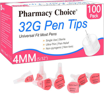 Pen Tips 32G X 4Mm(5/32") Universal Fit, Sterile，Ultra-Thin Wall Technology. Comfortable and Precise，100 Count