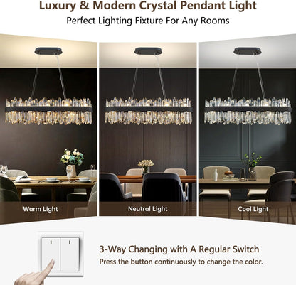 Modern Rectangular Crystal Chandelier, 20-Lights Black Raindrop Chandelier Lighting Contemporary Pendant Ceiling Light Fixture for Dining Room Living Room Kitchen Island L35.4''